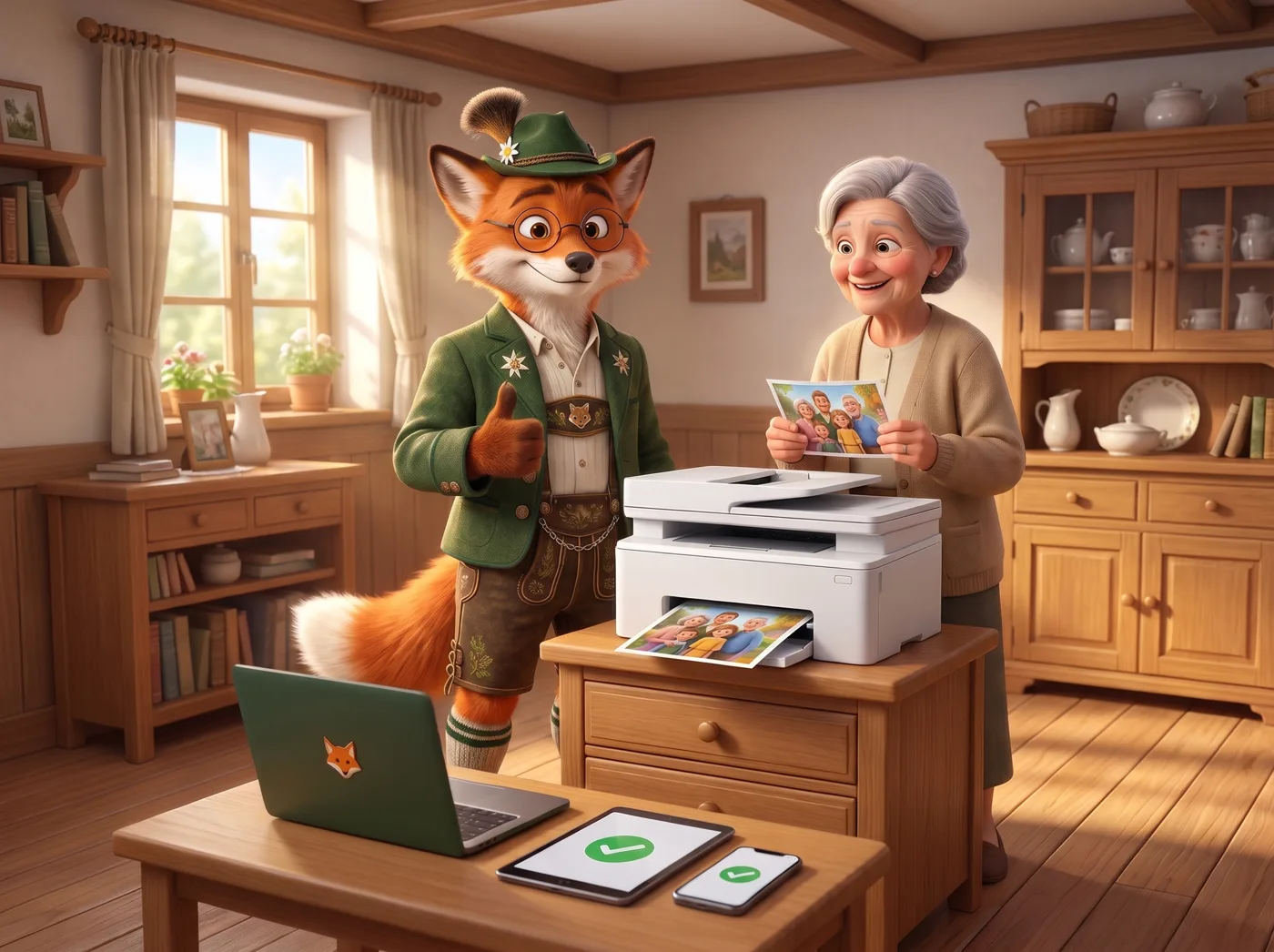 Der Helfer Fuchs hat bei einer älteren Dame einen neuen Drucker eingerichtet. Sie hält ein frisch gedrucktes Familienfoto in der Hand, Tablet und Handy zeigen ein grünes Häkchen.