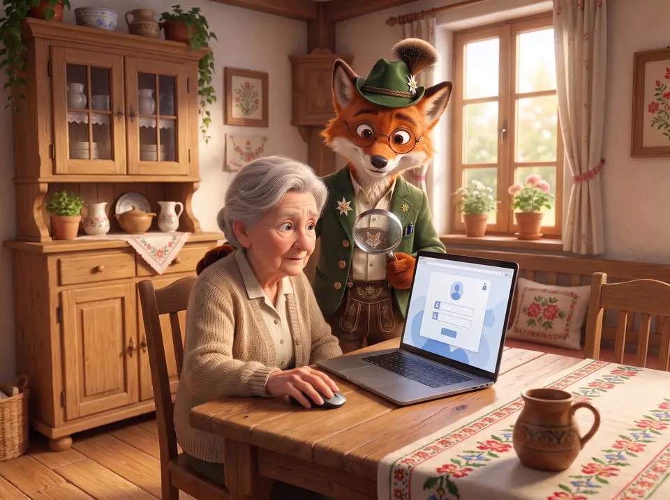 Eine ältere Dame sitzt zögernd vor ihrem Laptop mit dem Online-Banking, der Helfer Fuchs schaut ihr mit der Lupe über die Schulter.