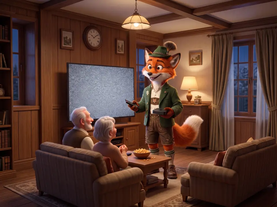 Ein älteres Ehepaar sitzt vor einem Fernseher, der nur Rauschen zeigt, der Helfer Fuchs steht mit der Fernbedienung daneben.