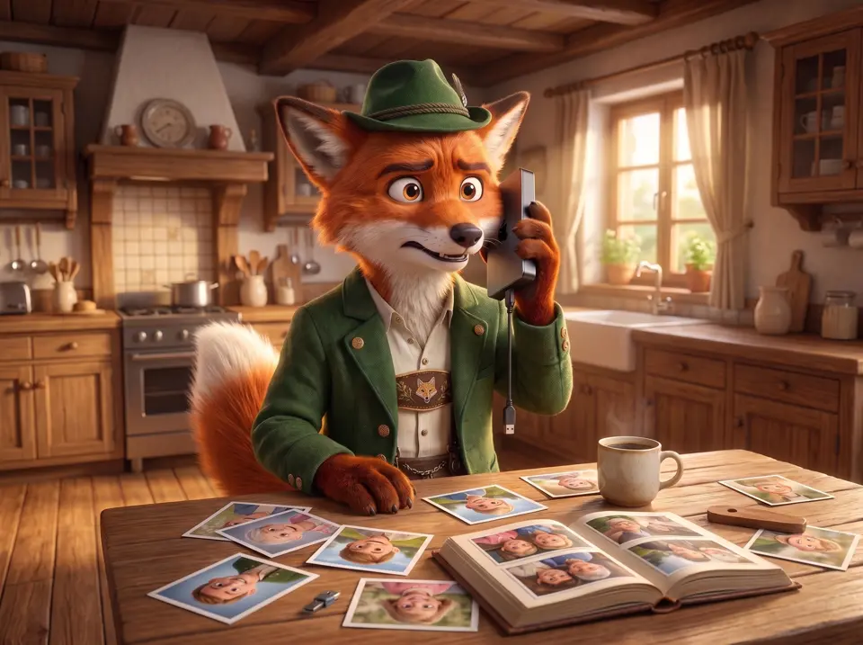 Der Helfer Fuchs telefoniert am Küchentisch, vor ihm liegen ein Fotoalbum und viele Familienfotos.