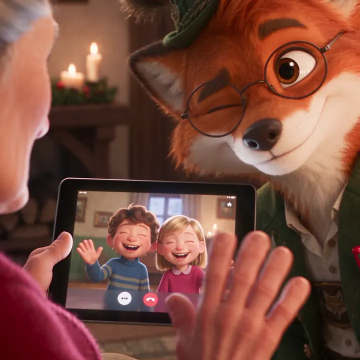 Über die Schulter einer Großmutter: Auf ihrem neuen Tablet winken zwei Enkel im Videoanruf, der Helfer Fuchs zwinkert daneben.