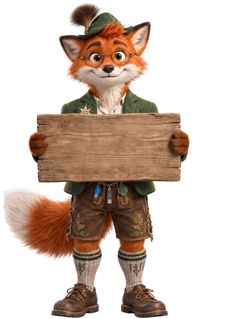 Der Helfer Fuchs hält ein Holzschild mit dem Preis der Fuchs-Wache