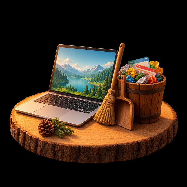 Aufgeräumter Laptop neben Besen, Kehrblech und einem Eimer voller weggeworfener Werbefenster.