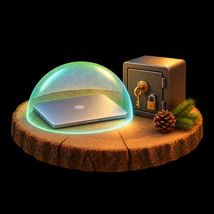 Laptop unter einer leuchtenden Schutzkuppel, daneben ein Tresor mit Schlüssel und Schloss.
